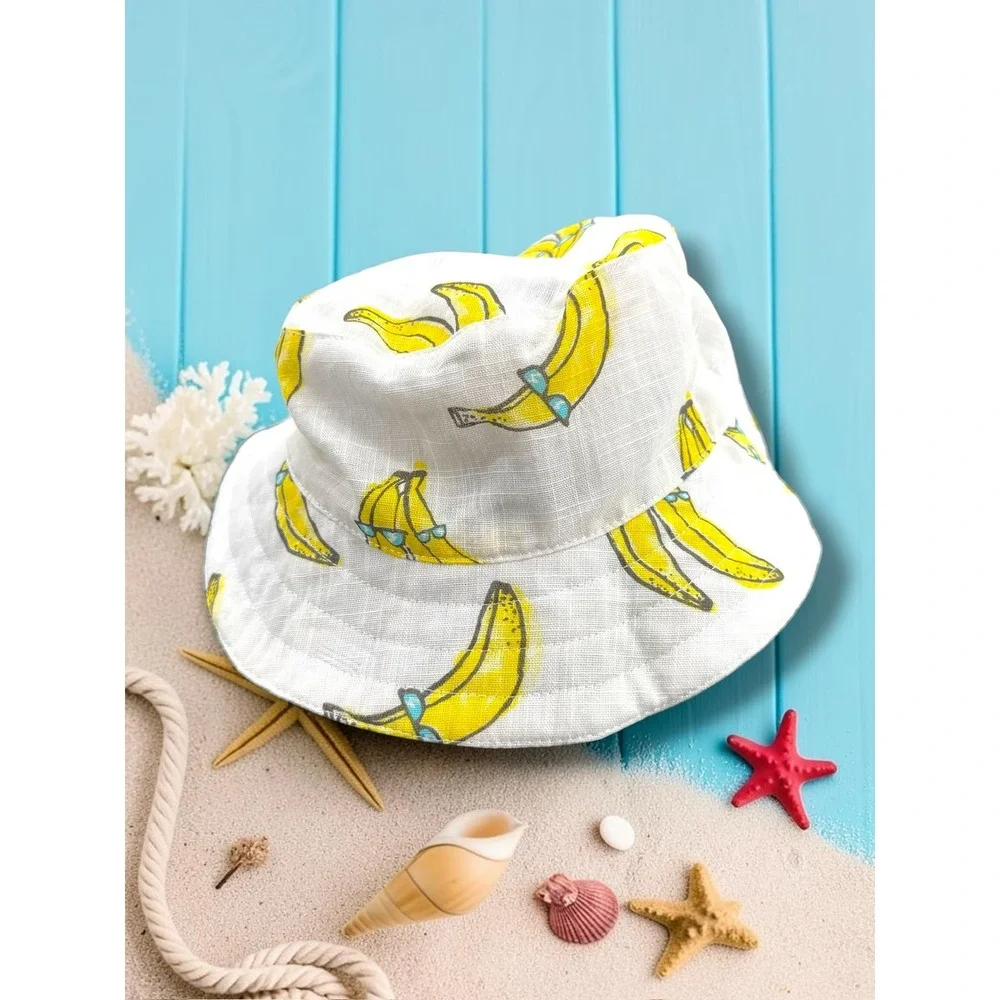 Andy & Evan Banana Print Cotton Gauze Romper and Hat Set Kids 3-6M